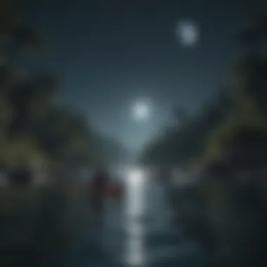 Kayakers paddling under a full moon