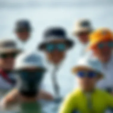 Illustration of various styles of brimmer hats suited for watersports