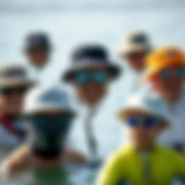 Illustration of various styles of brimmer hats suited for watersports