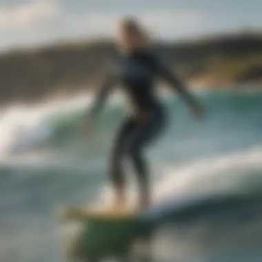 Surfer in Action: The Roxy Surfsuit Dynamic pose of a surfer wearing the Roxy surfsuit