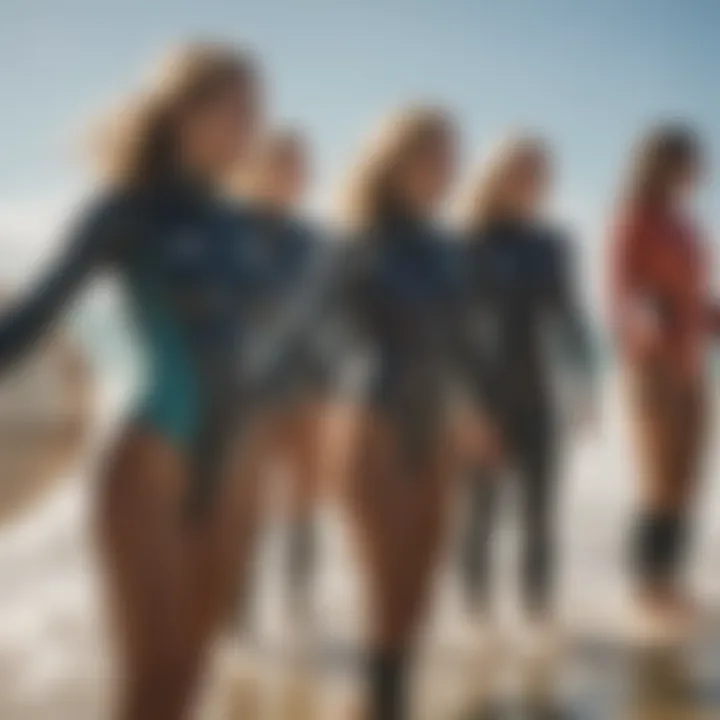 Group of surfers laughing in Roxy surfsuits on the beach