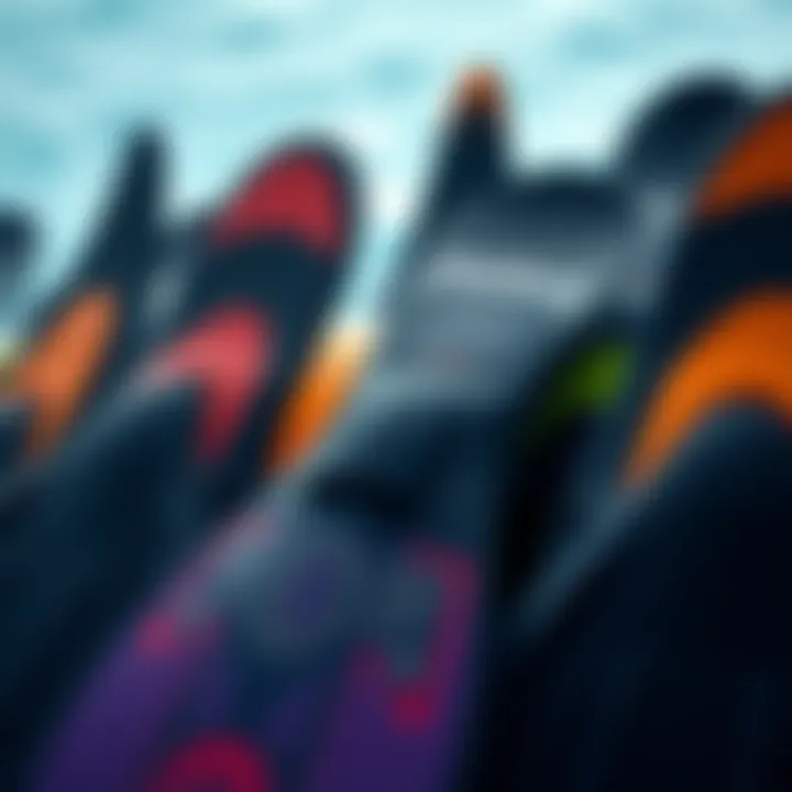 A close-up of various fin types used in water sports