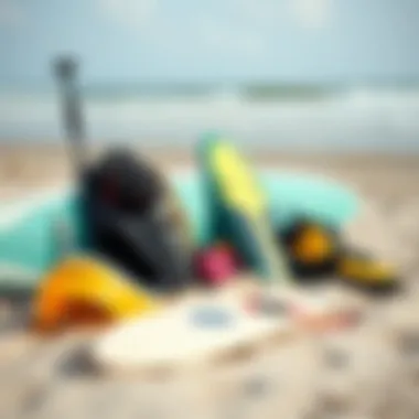 Sustainable Surfing Gear Eco-friendly surf gear displayed on a sandy beach, promoting sustainability in watersports.