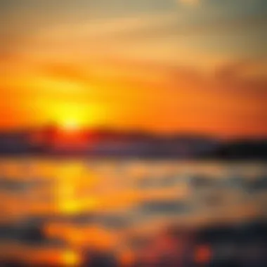 Sunset Surfing Vibes A vibrant sunset over the ocean, with surfers riding waves against the backdrop.