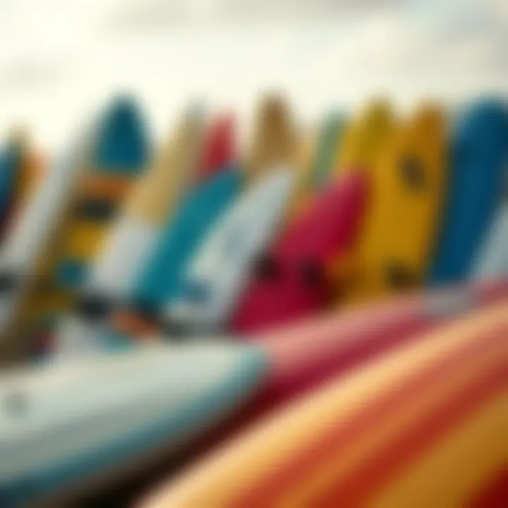 Diverse Surfboard Collection A close-up of surfboards lined up on the beach, showcasing various designs and colors.