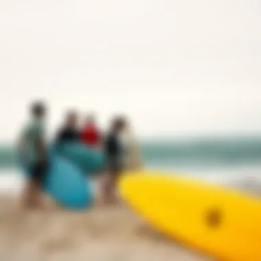 Surfing Community Spirit A group of surfers sharing a moment of camaraderie on the beach, embodying the surfing community.