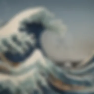 A detailed view of Hokusai's The Wave showcasing the intricate lines and patterns