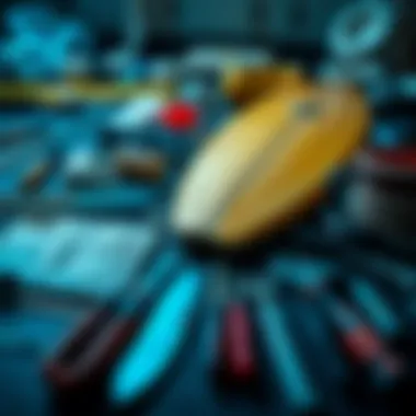 Tools and materials laid out for surfboard ceiling installation