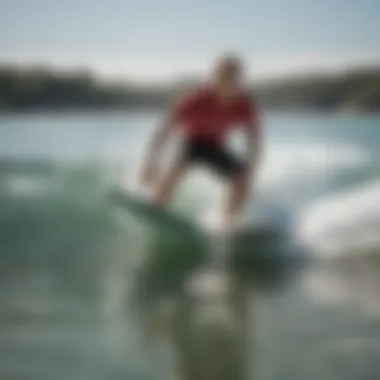 A scenic view of a beginner skimboarder learning on calm waters