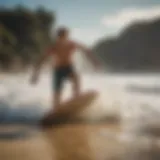 A dynamic skimboarding action captured on a beautiful beach