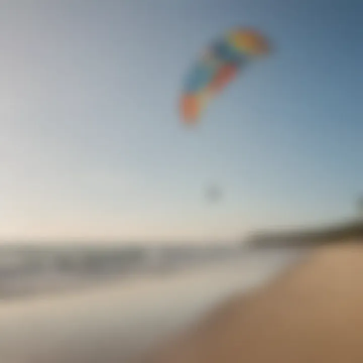 A tranquil beach setting with a kiteboarder practicing with a training kite in the background.