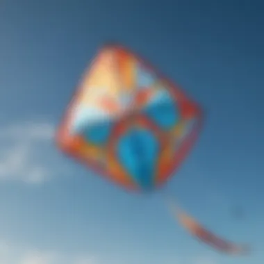 A vibrant training kite soaring high against a clear blue sky showcasing its design and colors.