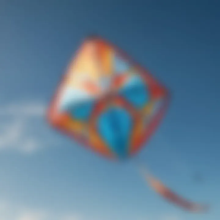 A vibrant training kite soaring high against a clear blue sky showcasing its design and colors.