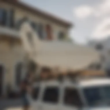 A surfer loading a surfboard onto a vehicle roof rack