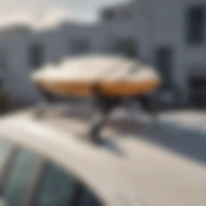 A detailed view of a well-secured surfboard on a roof rack