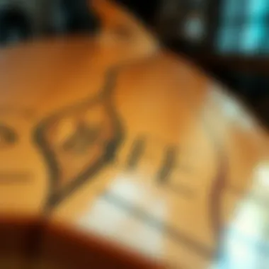 A close-up view of a surfboard showcasing its intricate design and finish.