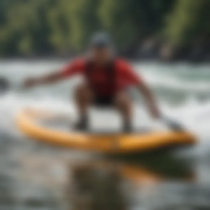 A paddler demonstrating technique on a board with an FCS deck pad