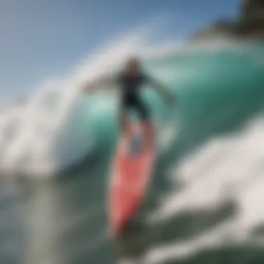 An illustration of surfers riding foam top longboards on a vibrant wave, highlighting their performance.