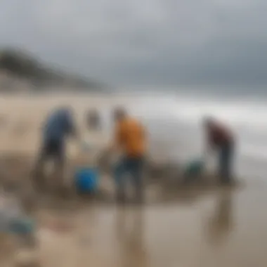 A group of activists participating in a cleanup effort on a polluted beach