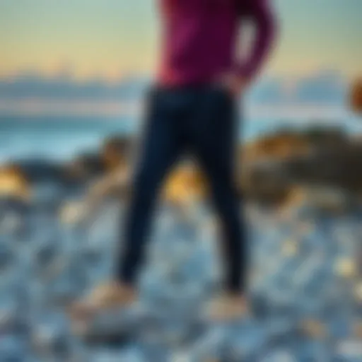 Stylish O'Neill pants displayed on a rocky beach during sunset