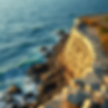 An intricate design of a sea wall along a coastline