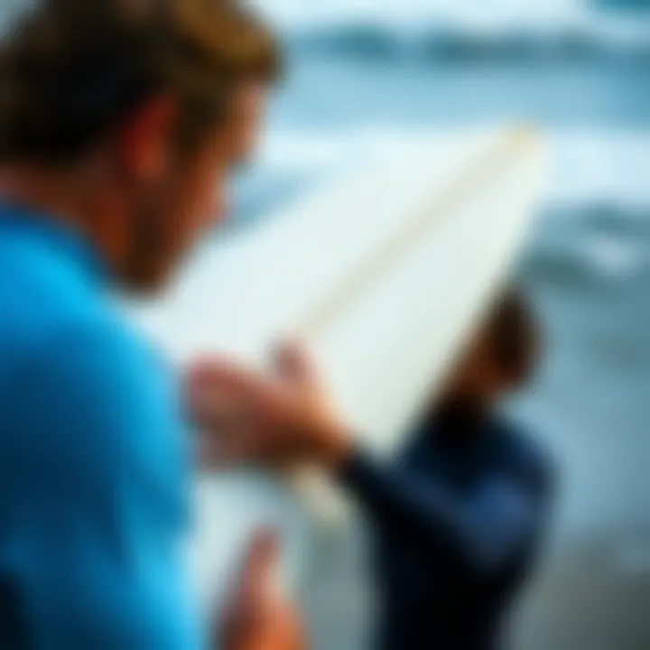 Examining Surfboard Quality A surfer inspecting the condition of a second hand surfboard