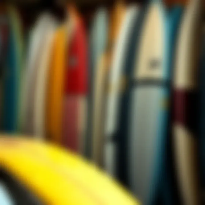 Diverse Selection of Surfboards A variety of second hand surfboards displayed on a rack