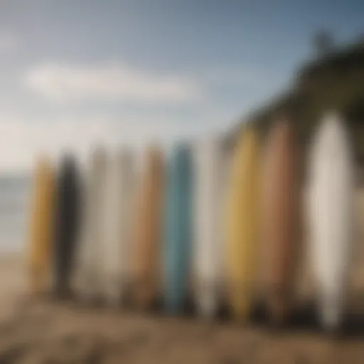 Diverse range of shortboard surfboards lined up on the beach