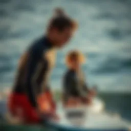 Surf instructor guiding a student