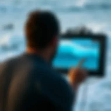 A surfer examining wave patterns on a digital screen