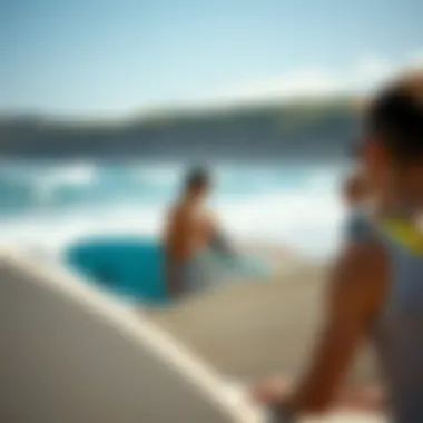 A group of surfers discussing surf conditions on the beach