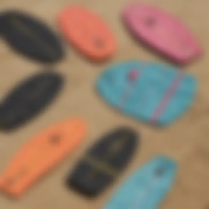 A variety of surf traction pads displayed side by side, highlighting different shapes and colors