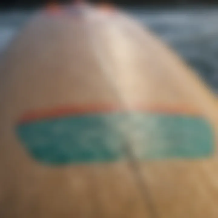 Close-up of surfboard with vibrant designs