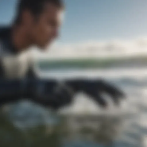 Close-up of a surfer wearing mittens in cold water