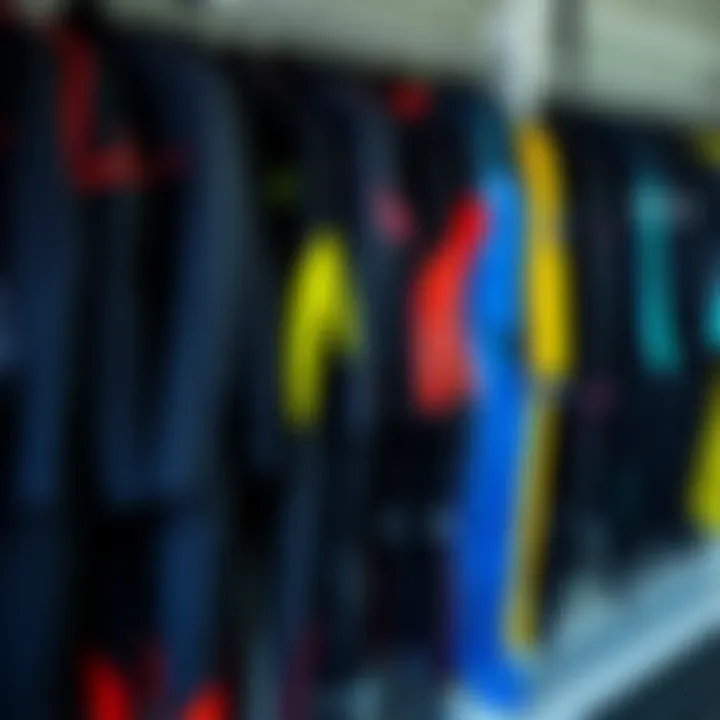 Diverse Range of Wetsuits Available Variety of wetsuits displayed on a rack