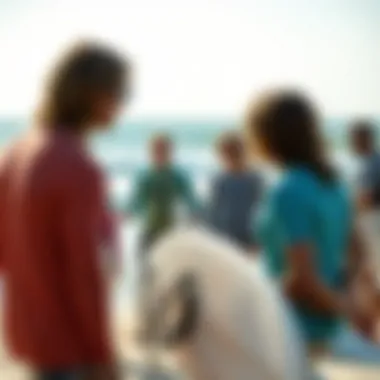 A group of surfers engaging in discussion on the beach, representing community interaction.