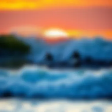 A captivating view of surfers riding the waves at sunset, showcasing the beauty of the ocean.