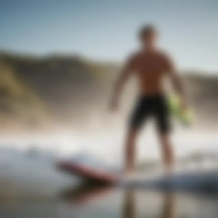 A surfer navigating waves with a boogie board and wrist leash