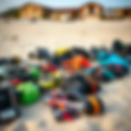 Essential Kite Surfing Equipment Various kite surfing gear laid out on the beach