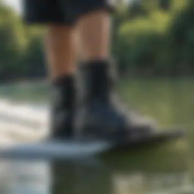 Properly fitted wakeboard boots on a wakeboarder