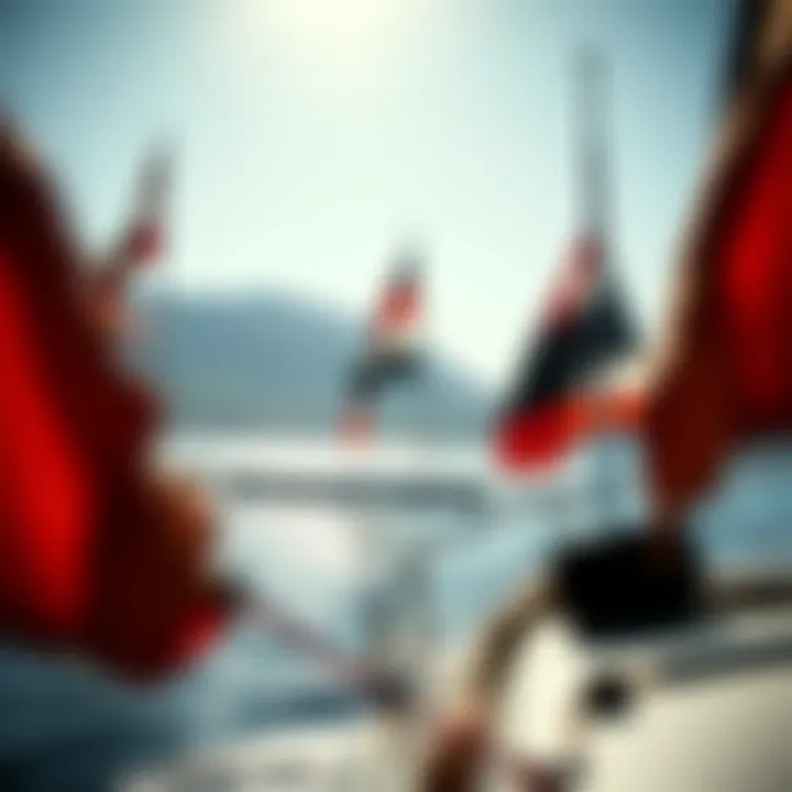 Watersport Environment Highlighting Wind Indicators A serene watersport scene with flags indicating wind status