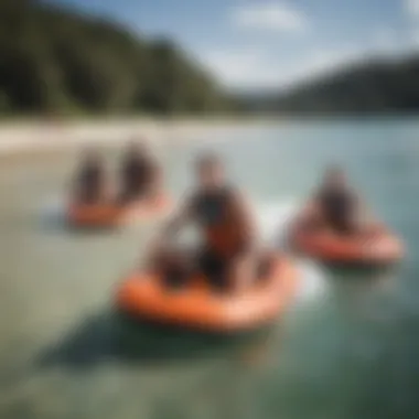 A cheerful group enjoying a day of water sports with inflatable boogie boards