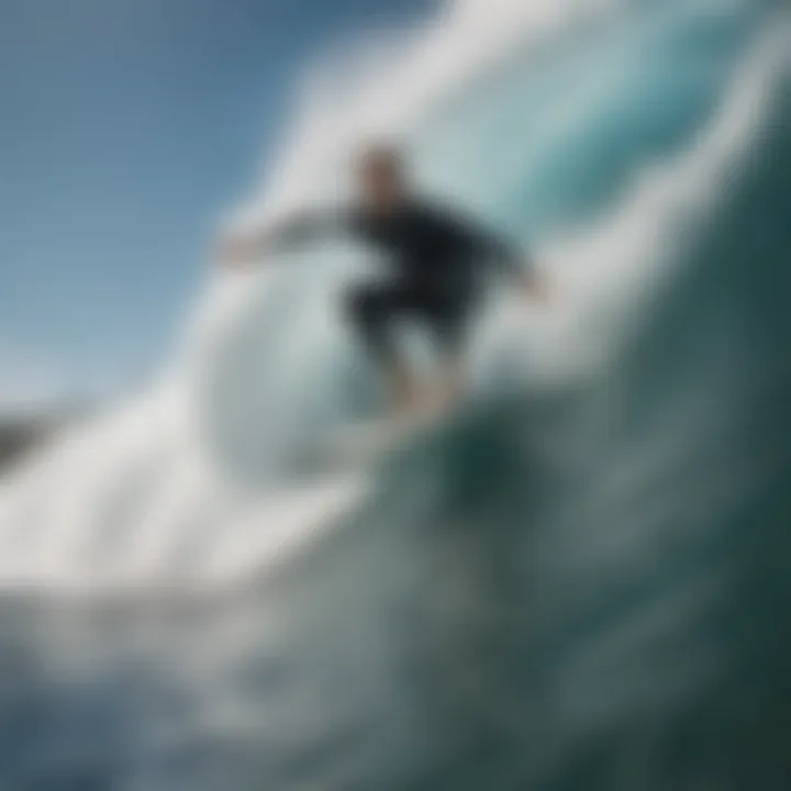 An action shot of a surfer riding a wave on a Wavestorm surfboard.