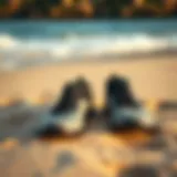 Stylish Wetsuit Shoes on Sand A pair of stylish wetsuit shoes on a sandy beach