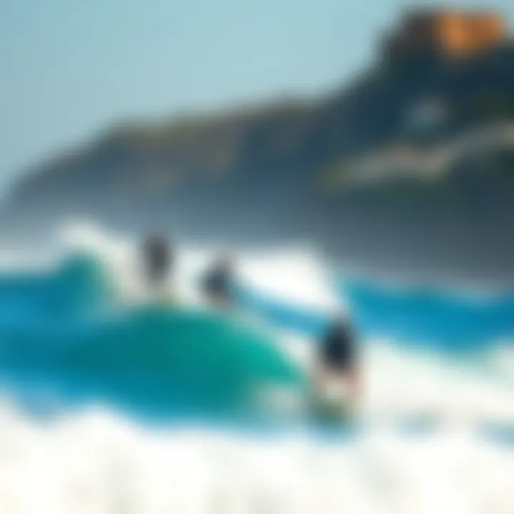 A breathtaking view of surfers riding waves at a popular beach destination