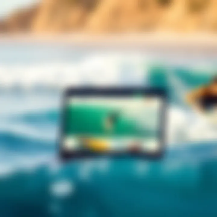 An engaging online surfing course interface on a laptop with ocean visuals