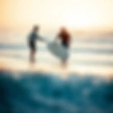 A serene moment capturing a surf instructor guiding a novice on the beach