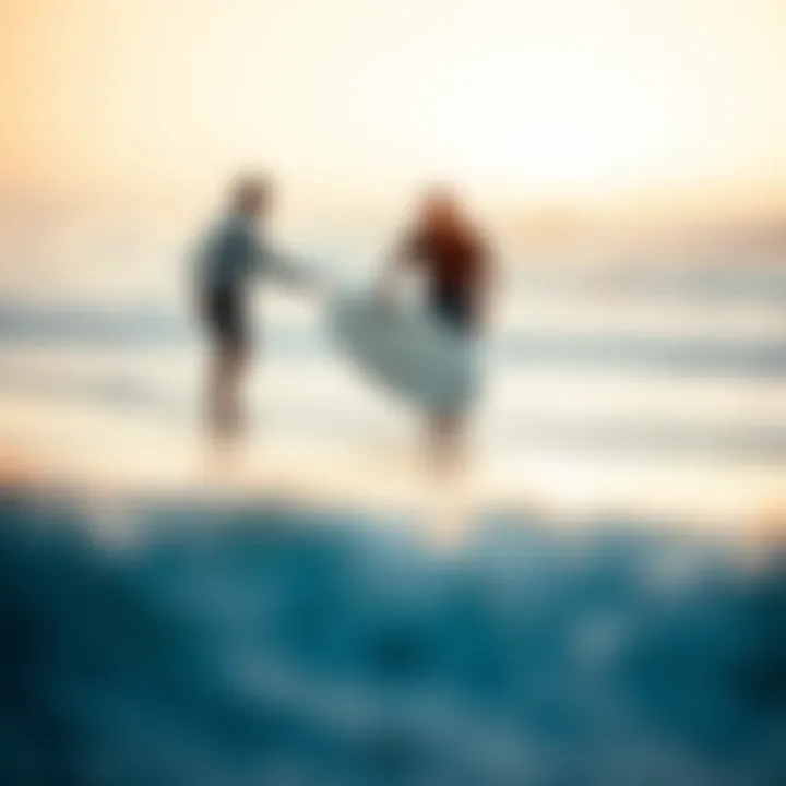 A serene moment capturing a surf instructor guiding a novice on the beach