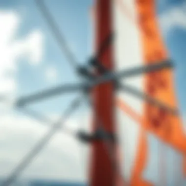 Detailed view of a windsurf mast and sail assembly