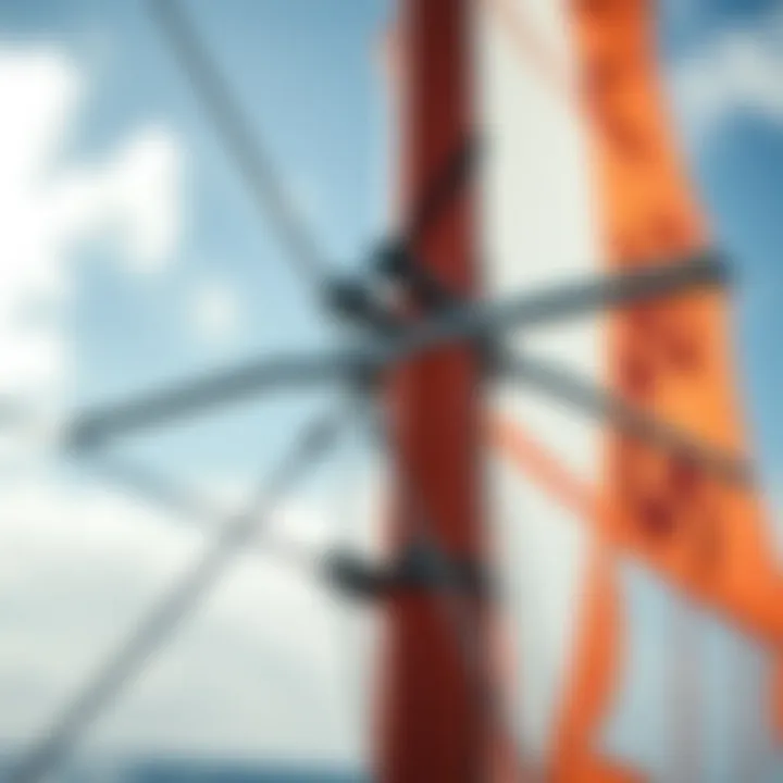 Detailed view of a windsurf mast and sail assembly